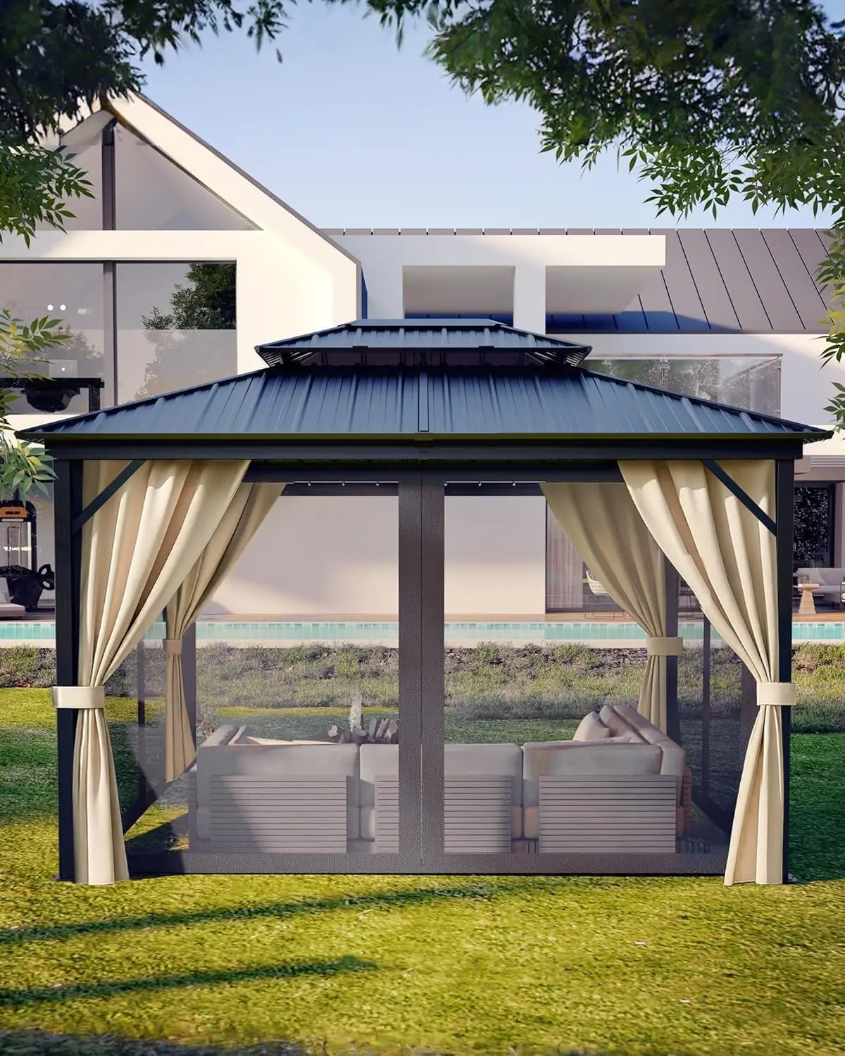 Gaomon Modern 12'x14' Rectangle Metal Frame Outdoor Canopy Shelter, Stable Aluminum Frame, 4''x4'' Reinforced Steel Poles, Weatherproof Double-Roof, Curtains, Netting, Pre-Drilled Heavy-Duty Poles, 350lb Capacity, Sun Protection for Patio, Garden Party