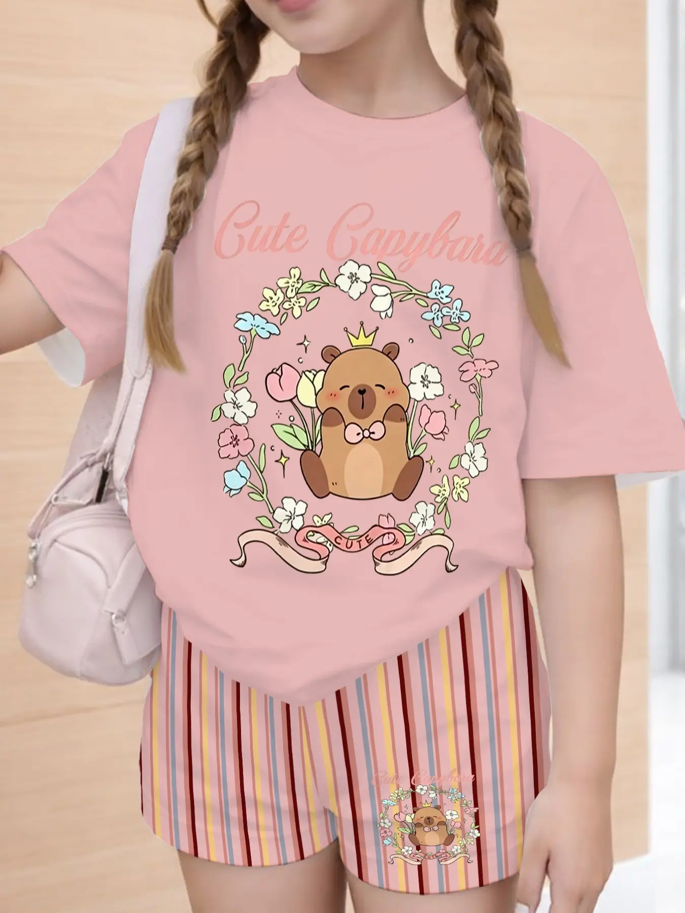 Summer Kids Girl Capybara Theme Casual Matching Set, Summer Clothes Set, Short Sleeve Striped Shorts Print Design, Cute Daily Outfit