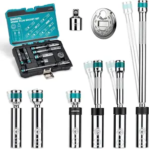 8 count 3/8"Dr.  Spark Plug Socket Set, Include Gapper & Extension Bar, Swivel  Thin Wall (5/8" 9/16" 14mm 16mm), 6&12 Point for   Auto Repair, w/4",6",10", CR-V