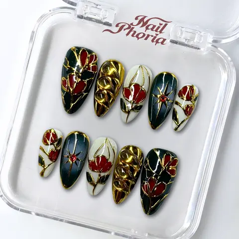 NailPhoria GILDED MOSAIC - Handmade Press-On Nails | Reusable, Salon-Quality, Long-Lasting, Glossy Design