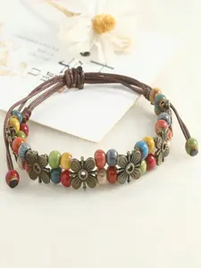 1PC Bohemian Vintage Handmade Woven Colorful Ceramic Beaded & Artificial Leather Cord Bracelet With Flower Charms & Adjustable Knot For Women Girls Daily Wear Party Gift