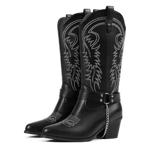 Women's Western Cowboy Boots Pointed Toe Block Heel Black Leather White Embroidery & Detachable Silver Chain Strap Detail Classic Cowgirl Style Edgy Biker-Inspired Design Comfortable Knee-High Shaft Trendy Streetwear Footwear