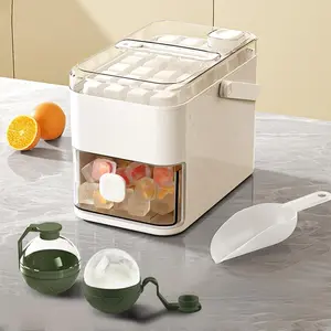 Compact Double Layer Ice Cube Tray with Lid and Bin - 1-Click Demolding for Easy Removal, Pull-Out Drawer with Portable Handle, 2 Large Ice Ball Molds (White) - Kitchenware Bar Utensils