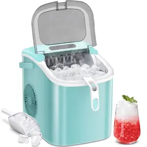 LHRIVER Portable Self-Cleaning Ice Maker Machine with Handle and Ice Scoop, Bullet Ice Cubes, 9Pcs/6Min 26Bs/24H for Home/Office/Bar/Party (Green)