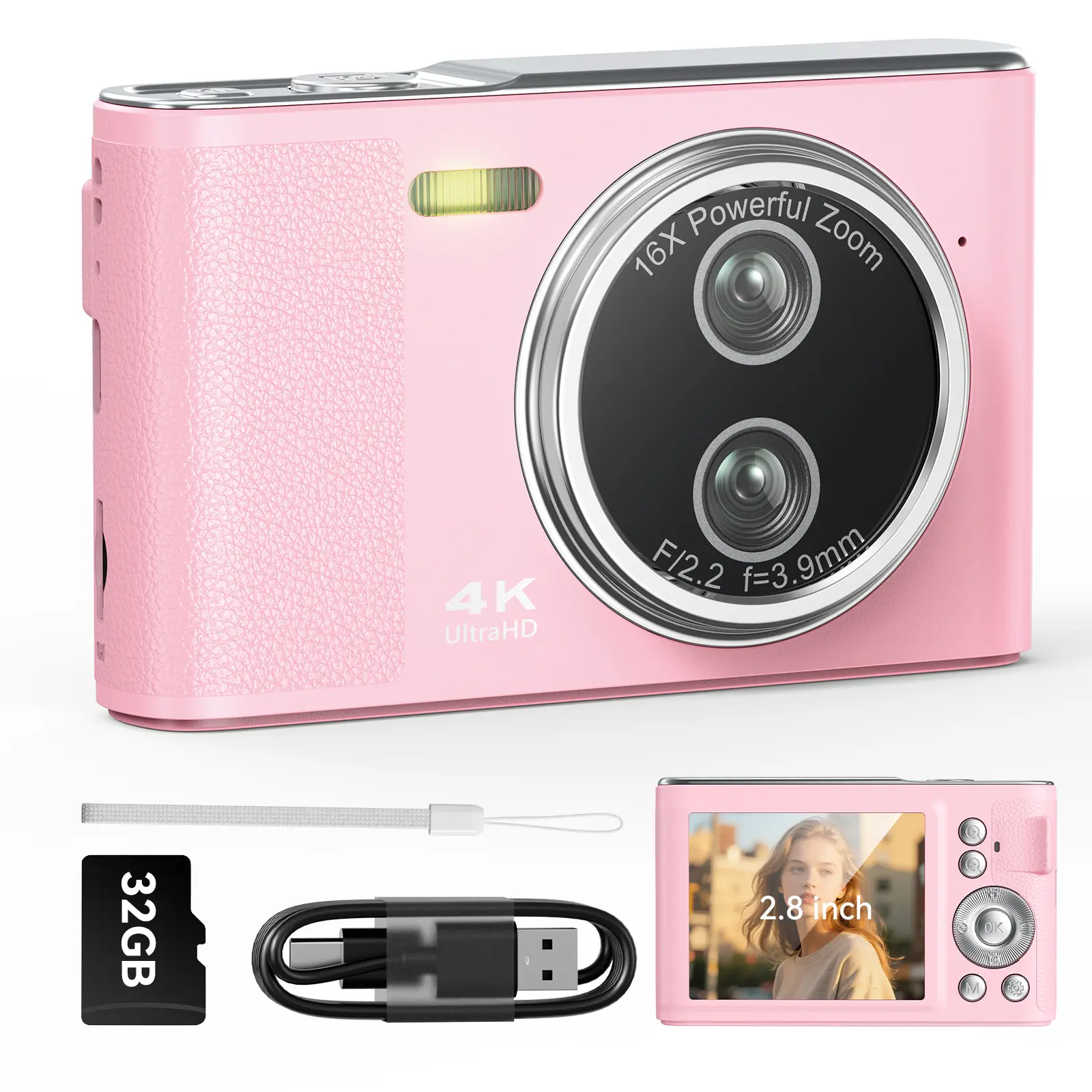 4K Digital Camera for Photography, 48MP Compact Vlogging Camera with 2.8" IPS Screen, 16X Zoom, Autofocus, Flash, Anti-Shake, Webcam, Type-C Rechargeable, Includes 32GB Card & Wrist Strap Portable