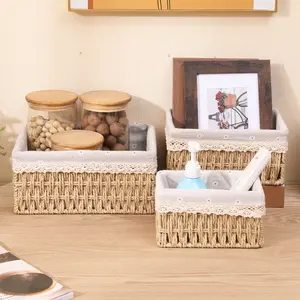 Style Woven Storage Basket Set, Handmade Cosmetic Organizer, Vintage Country Style with Fabric Lining, Stackable Rectangular Box