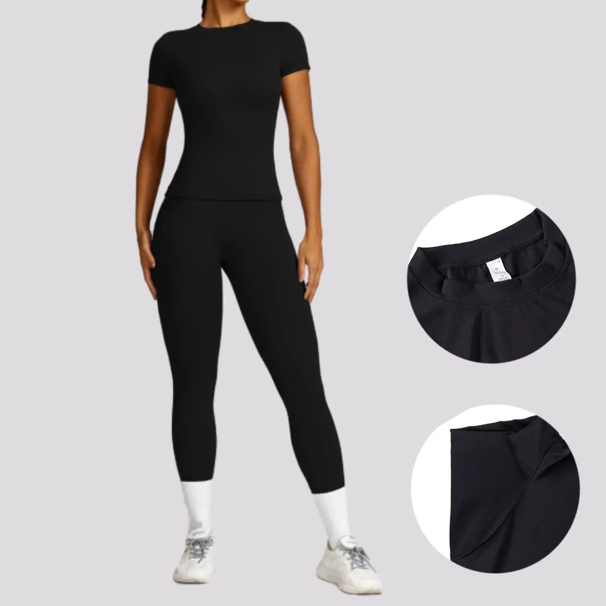 Women's Solid 2 Piece Workout Set, Slim Fit Polyamide Compression Outfit with High Waist Leggings & Short Sleeve Tee for Yoga, Gym, Tight Fit Sporty, Workout Casual Wear, Yoga Bottom, 2 Piece Sets, Yoga Outfit Set, T-Shirts