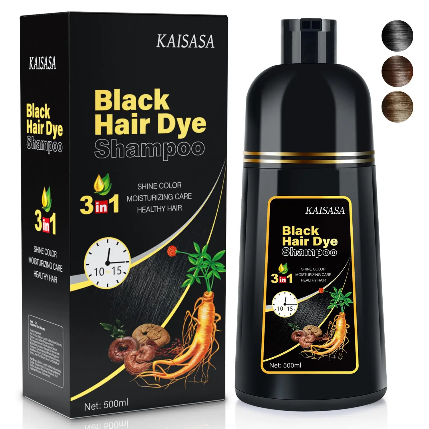 KAISASA Black 3 in 1 Hair Dye Shampoo - Herbal Ingredients Can cover gray hairs,Contains Ginseng Extract,Natural Haircoloring