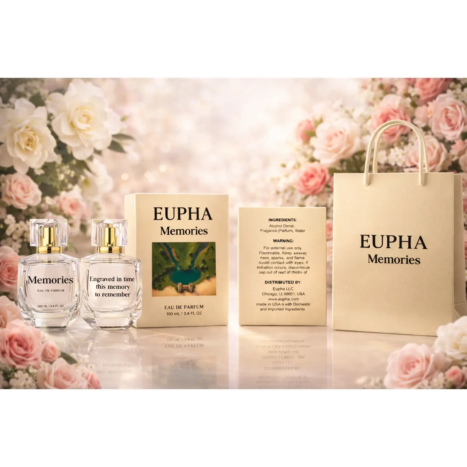 EUPHA Memories  Parfum 100ml - Engraved in Time to Remember - Floral Fragrance for Women - Gift Set with Packaging