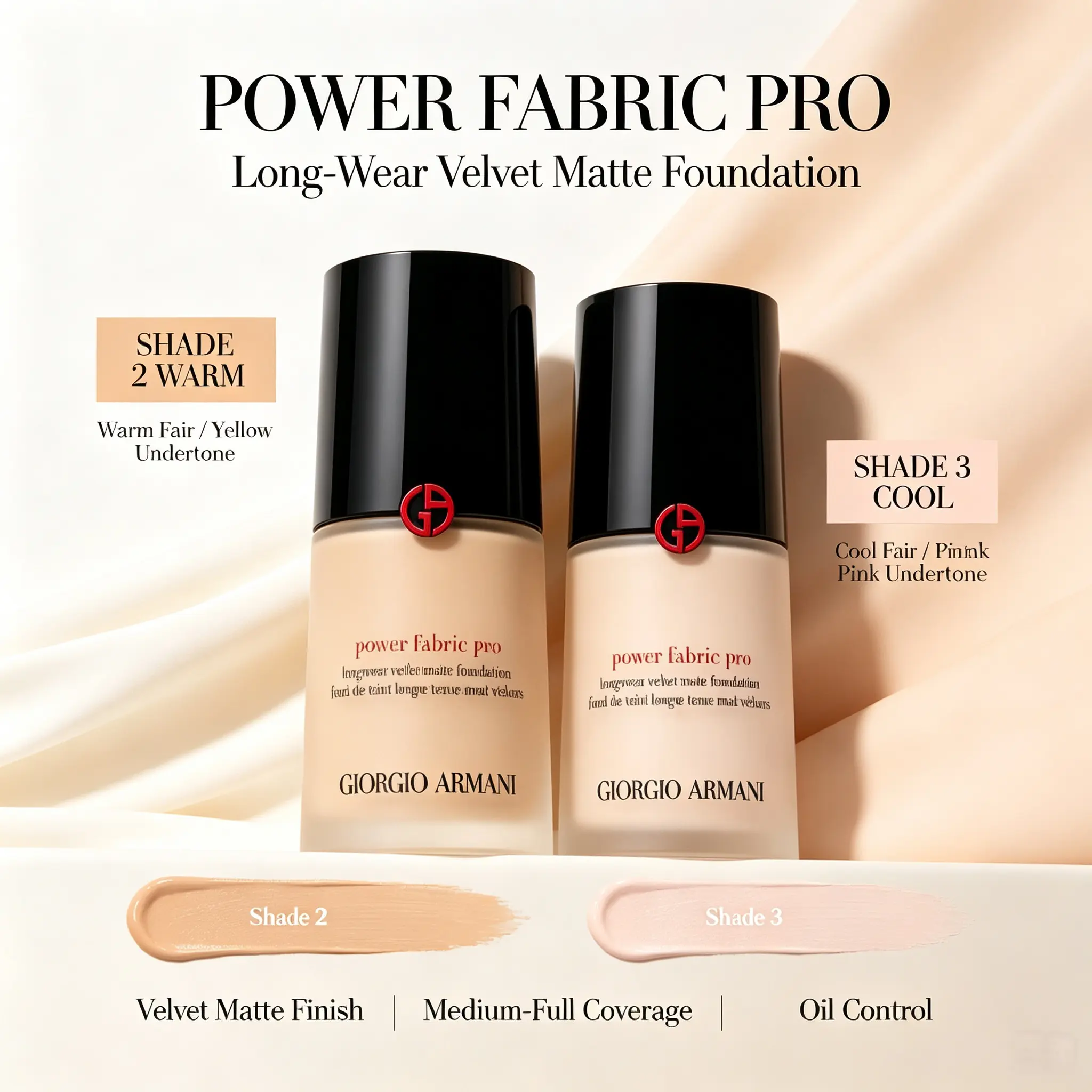 Giorgio Armani Power Fabric Pro Foundation 30ml, Long‑Wear Velvet Matte Medium‑Full Coverage For Oily Combination Skin, Shade 2 Warm Fair / Shade 3 Cool Fair