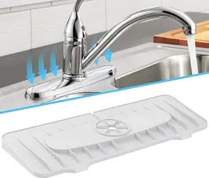 QKVCX Silicone Sink Guard 14.25" Splash Mat with Double Outlet Faucet Water Catcher for Kitchen & Bathroom Sinks White 5.5"D x 14.25"W x 0.51"H Easy Install Auto Drain Flexible Design