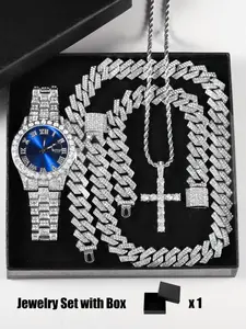 Luxury Punk Jewelry Set Watch Set with Necklace Bracelet Cross Pendant, Simulated Quartz Movement, Adjustable Strap, Unisex Gift Box for All Seasons
