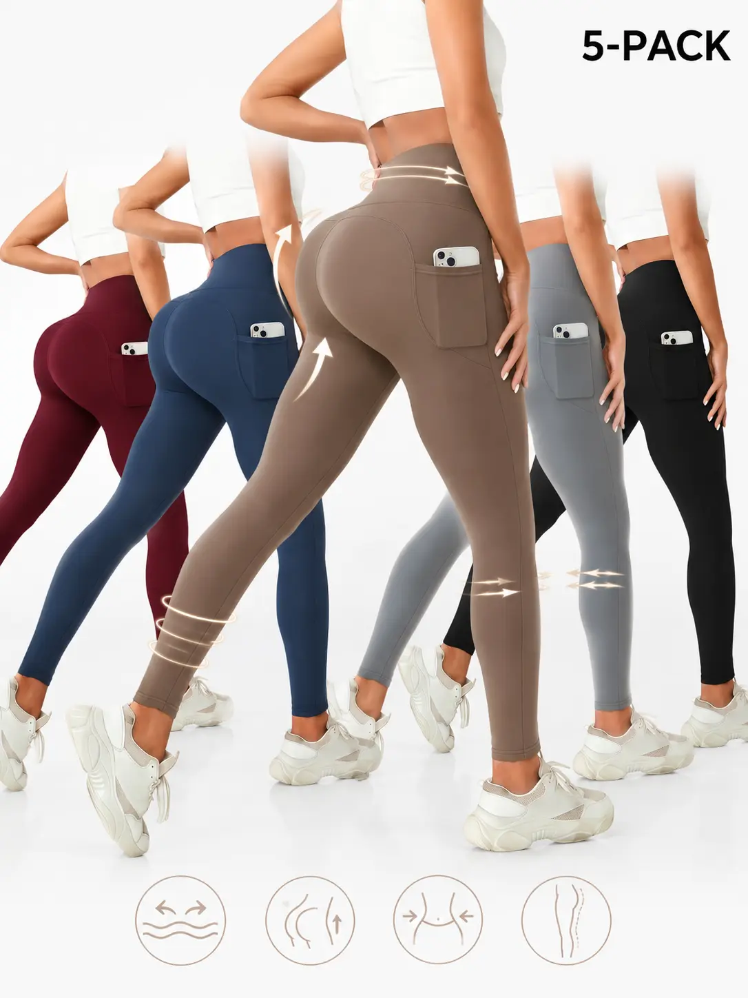 Women's 5-Pack High-Waisted Butt-Lifting Tummy Control Leggings, Ultra-Stretchy All-Season Athleisure Pants with Pockets, Machine-Washable for Workout & Training, Dance