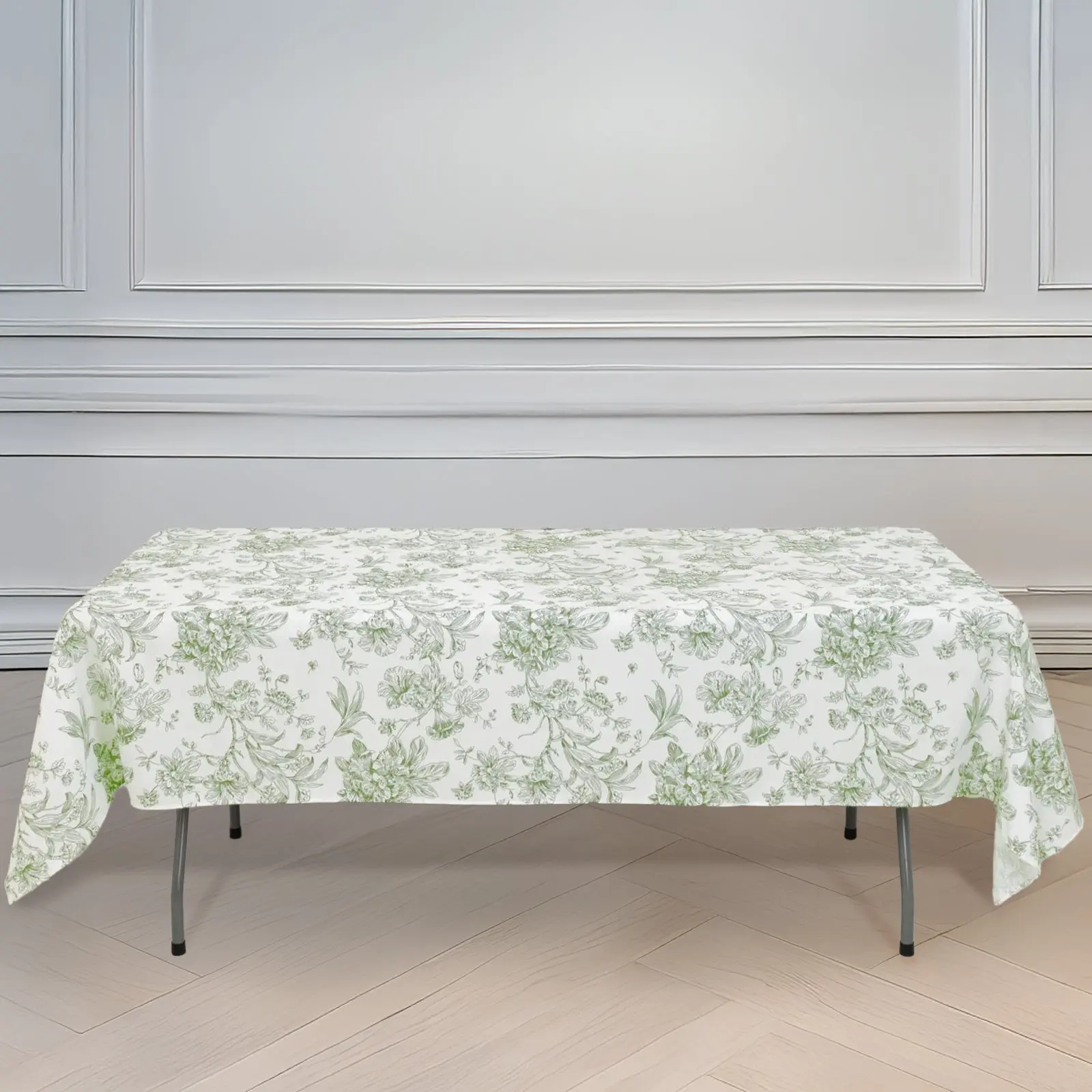 60"x102" Polyester Rectangle Tablecloth - White with Dusty Sage Green French Toile Pattern, Machine Washable Outdoor/Indoor Cover for Weddings & Events, Outdoor Tablecloths, Wedding