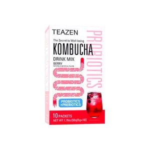 Teazen Kombucha Berry Flavor 10 Sachets 0.17oz Each - Korean 0 Sugar Probiotic Tea, Prebiotics, 15kcal