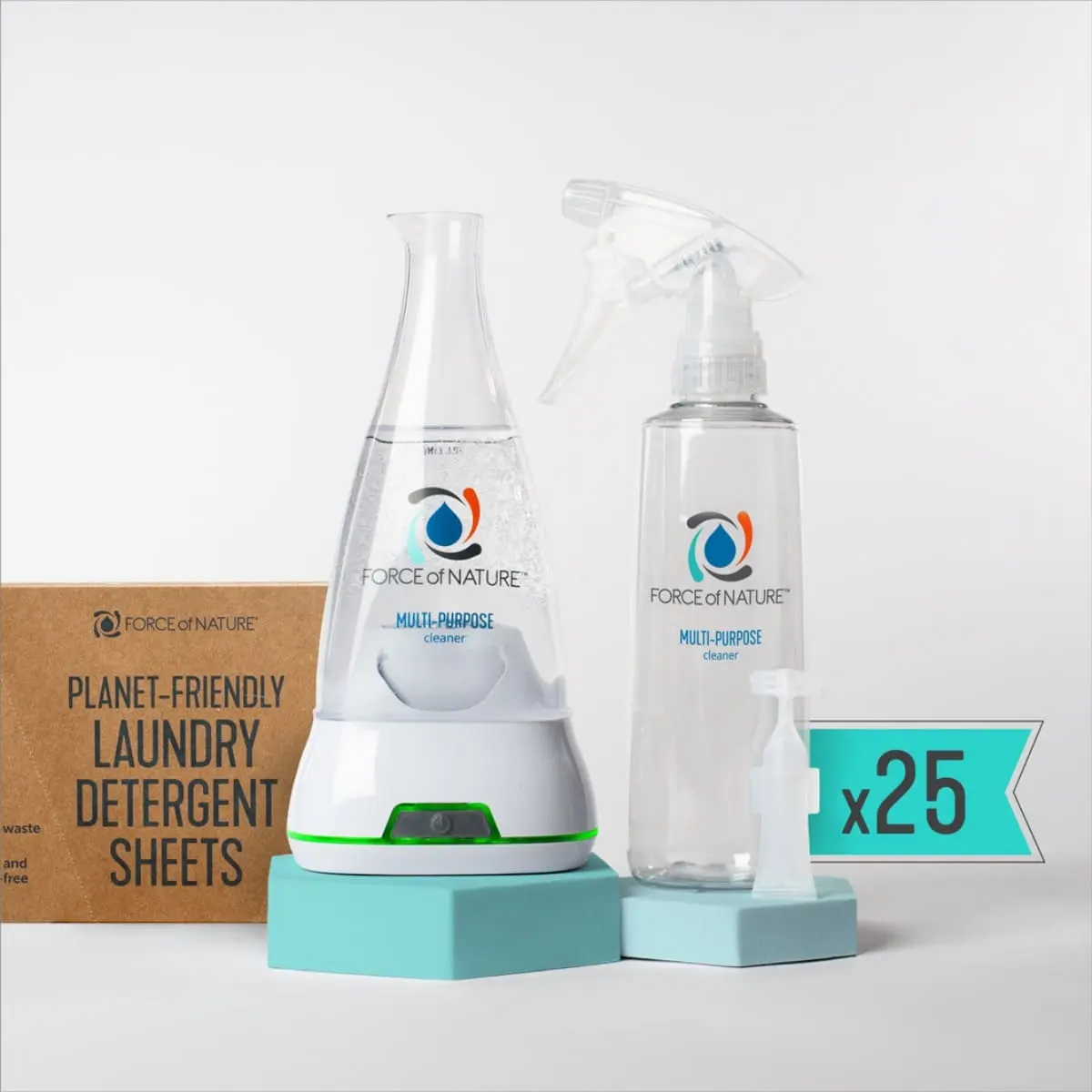 Force of Nature Cleaning & Laundry Bundle - Eco-Friendly Multi-Purpose No-Waste Detergent Sheets, Disinfectant, Deodorizer Spray, Toxin-Free, Kills Mold & Stains - Reusable Plastic Bottle, 25 Refills, 50 Laundry Detergent Sheets