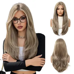 AOLIDA 24-Inch Mixed-Ash Blonde Long Layer Cut Straight Glueless Heat Resistant Synthetic Fiber Full Machine Wig with Bangs, Synthetic Fiber Wigs Fit Wig