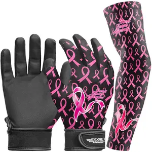 Exxact Sports Youth Batting Gloves with Arm Sleeve for Boys & Girls, Kids Baseball Batting Gloves for Softball, T-Ball (Breast Cancer)