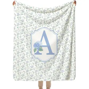SPBL&L Grandmillennial Light Blue Hydrangea Floral Blanket, Personalized Initial Letter A Throw Blanket For Bed Couch Bedroom Living Room, Monogrammed Gifts For Women Girls, Cottagecore Room Decor
