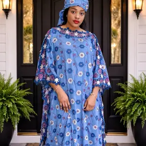 Elegant Tiara Lafaya Bubu Lace Blue Floral Print Dress for Women