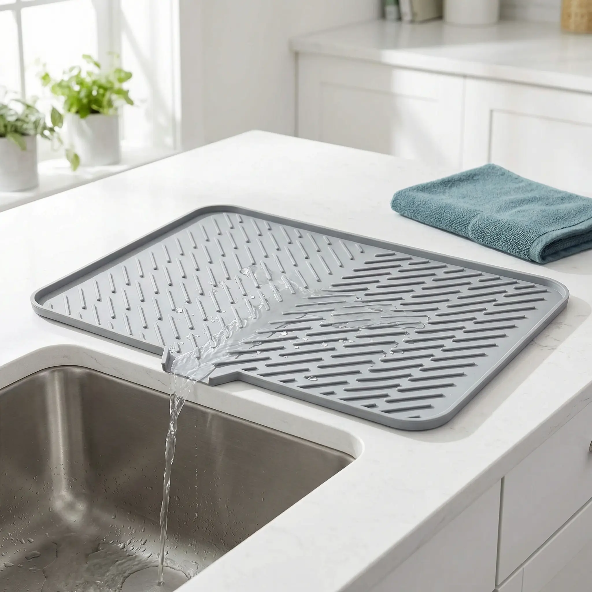 Extra-Large Silicone Dish Drying Mat with Built-in Drainage Lip – Premium Kitchen Counter Drainer Pad for Easy Cleaning and High-Temperature Resistance – Perfect Tableware Coaster