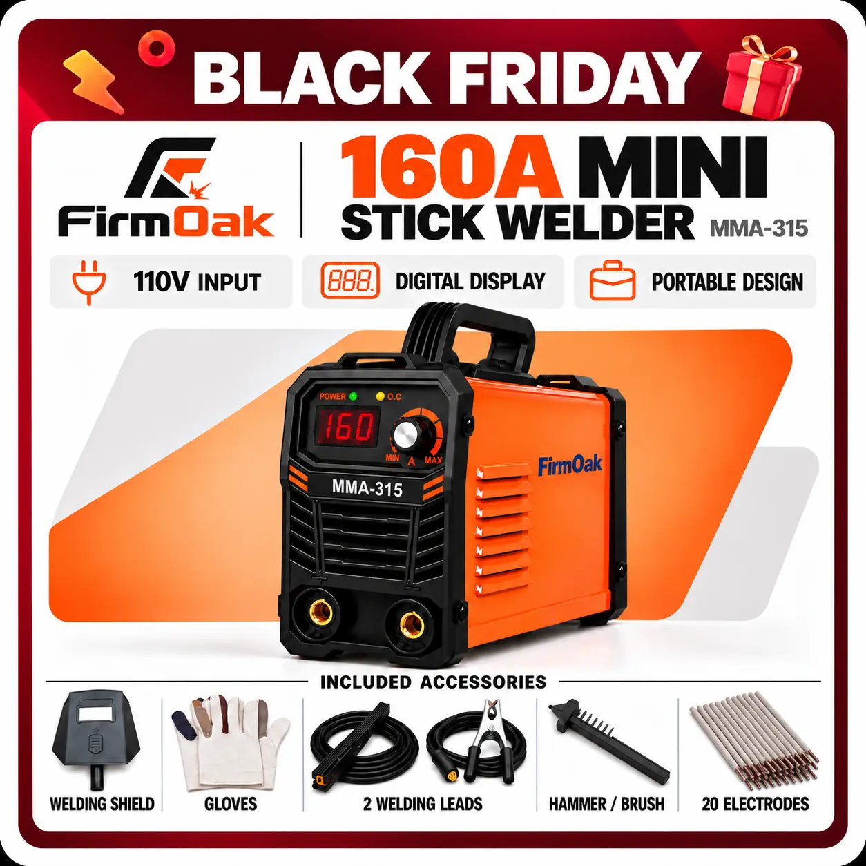 【BLACK FRIDAY】FirmOak 110V 160A Mini IGBT ARC Stick Welder Kit - Portable Welders, 110V Plug & Play, 5.26 lbs/2.4kg, Digital Display, Hot Start, Arc Force, Anti-Stick, Auto Power-Off, 1-3mm Welds for DIY Enthusiasts Home Use