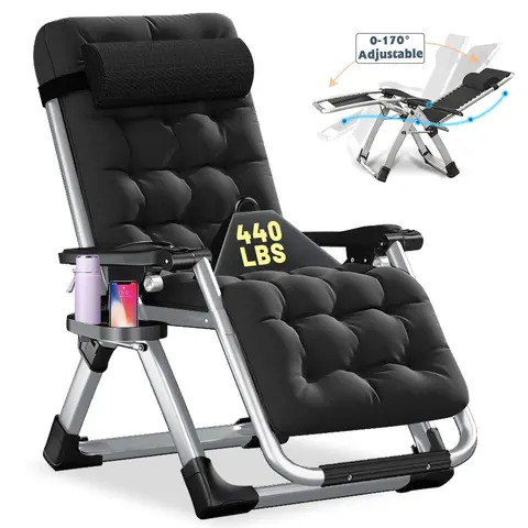 Naudacaa Single Seat Outdoor Chaise Lounge - Premium Steel Frame Compact Patio Folding Chair with 170° Recline Adjust, 3.3" Warm Pad, Cushion, Headrest, Tray, 440lb Capacity for Total Unwind, Relax Reading, Naps