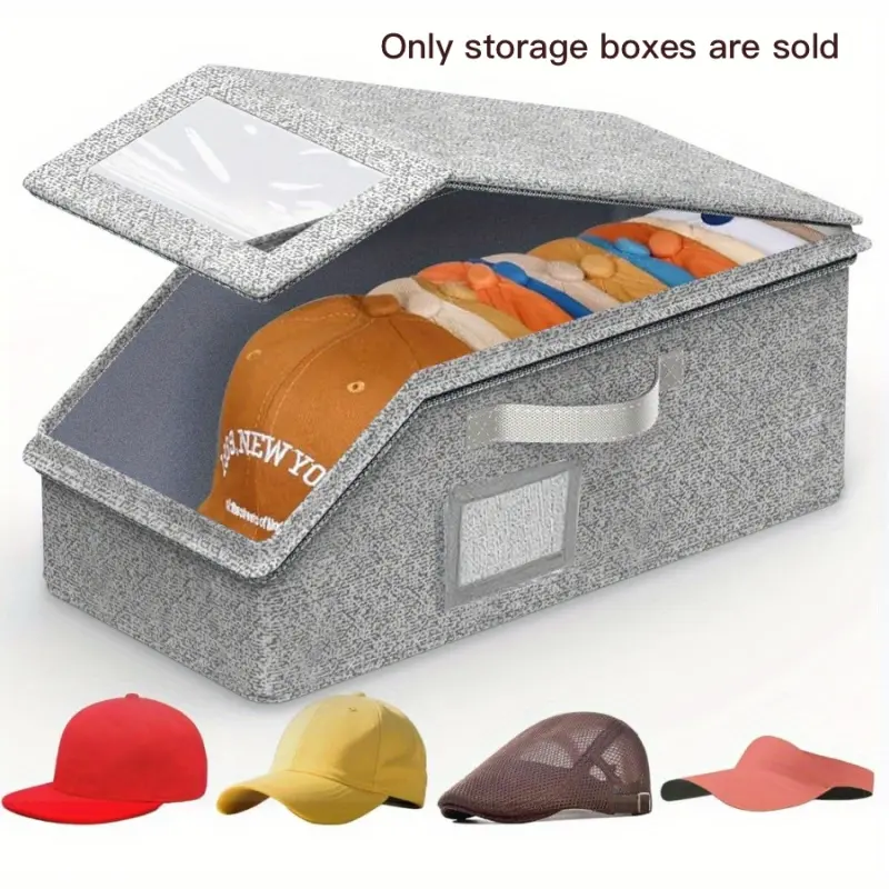 Large Collapsible Fabric Storage Box Double Handle Clear Window Hat Organizer Gray Texture Portable Container for Cap Underwear Towel Wardrobe Space Saving Home Storage Solution