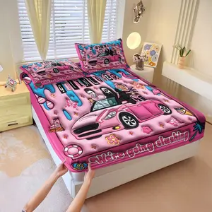 3pcs Barbie Style Horror Killer Parody Themed Fitted Sheet Set, Decorative Bedsheet Sets, Barbie Pink Sweet Graffiti Elements Pink Convertible Cars, Funny Face Killer Horror Movie Aesthetic Personalized Soft Includes 2 Pillowcases, No Pillow Core