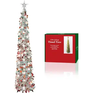 5FT Pop Up Christmas Tinsel Tree with 2 Modes 50 LED Lights and Colorful Sequins Ornaments, Easy-Assemble and Store for Xmas Home Holiday Fireplace Party Decorations