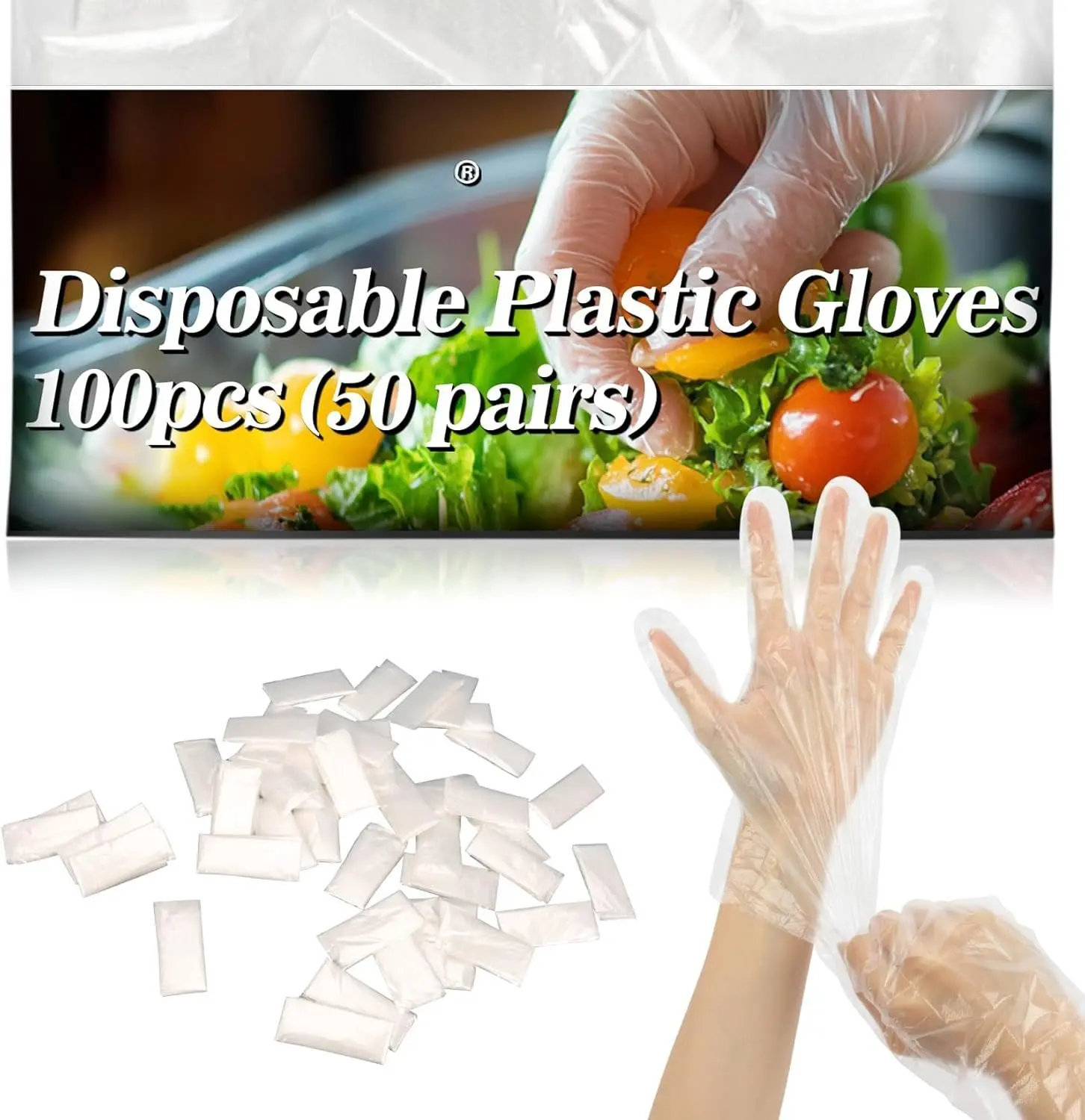 100 count(50Paris) Plastic Gloves Disposable - Plastic  Safe Handling  Prep Service Gloves Clear  Handler Cooking Serving Kitchen Restaurant Hair Dye Individual Packaged