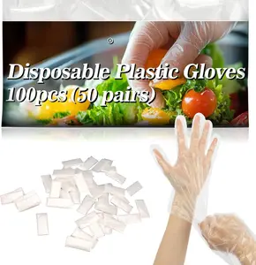 100 count(50Paris) Plastic Gloves Disposable - Plastic  Safe Handling  Prep Service Gloves Clear  Handler Cooking Serving Kitchen Restaurant Hair Dye Individual Packaged