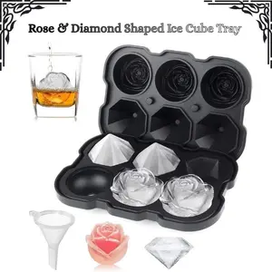 Rose & Diamond Shaped Ice Cube Tray – Glossy Dustproof Silicone Ice Cube Mold with Lid, Easy Release Ice Maker, Kitchen Gadgets, Summer Drinks & Gift