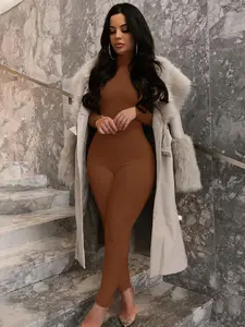 Women's Plain Turtleneck Body Sculpting Jumpsuit, Stretchy Jumpsuit Womenswear, Matching Workout Sport One Piece Bodycon Jumpsuit