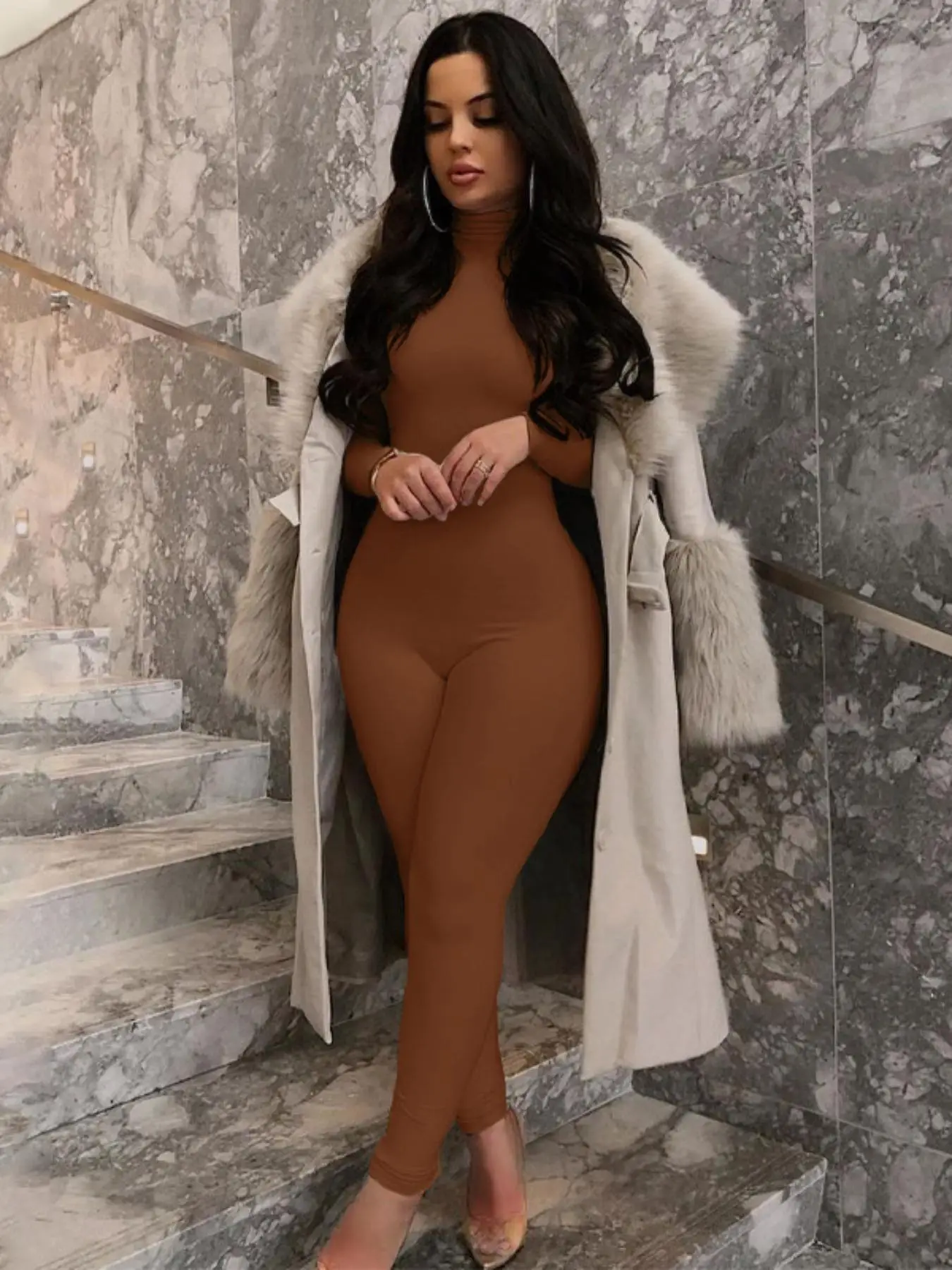 Women's Plain Turtleneck Body Sculpting Jumpsuit, Stretchy Jumpsuit Womenswear, Matching Workout Sport One Piece Bodycon Jumpsuit