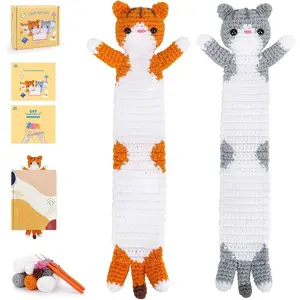Crochet Kit for Beginners -Cat Crochet Kits with Step-by-Step Video Tutorials, Beginner Crochet Kit for Adults, Crochet Animal Kit, 2 PCS Long Cat Bookmark Crocheting Set (Orange & Gray)