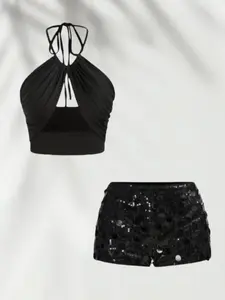 Elegant Halter Top Set, Lace-Up Backless Design, Short Sleeve Crop Top & Sequins Skirt Two-Piece, Perfect for Casual Wear