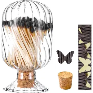 Decorative Helix Shaped Glass Match Holder with Striker No Matches Included, Glass Matches Cloche Jar for Bathroom Fireplace Display Decor