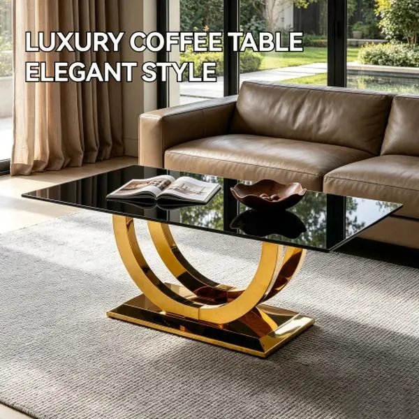 【Bellemave】50.40 Inch Modern Rectangular Coffee Table With Black Tempered Glass Tabletop And Gold Stainless Steel Base, Ideal For Living Room Use