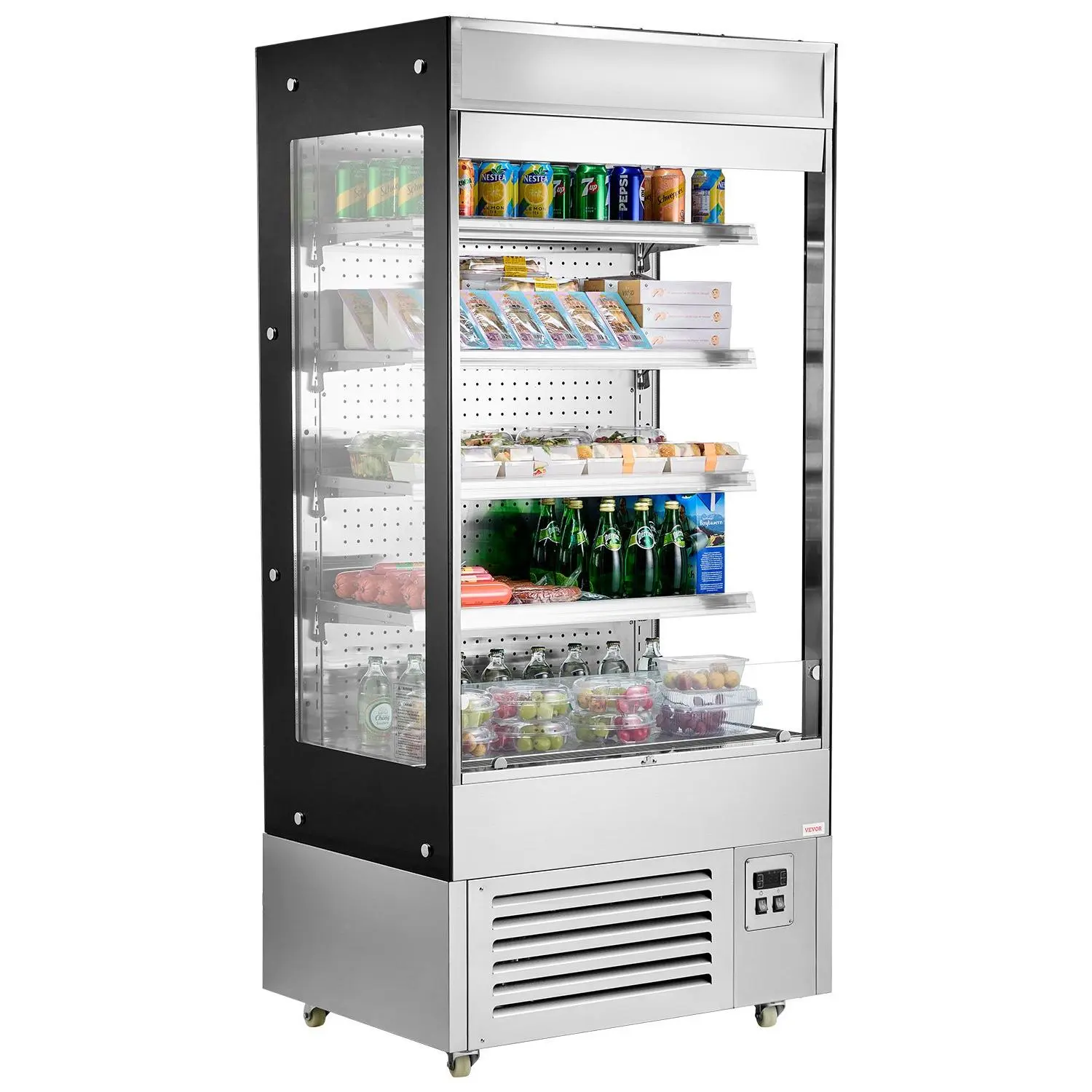 VEVOR 18.4 cu. ft. Open Air Merchandiser Commercial Refrigerator, 4-Tier Shelving, Air Curtain, LED Advertising Light, Cyclopentane Insulation, Compressor, Tempered Glass, Energy-Saving Design for Restaurants, Stores, Adjustable Shelves