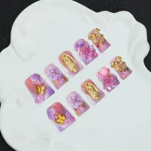 10 handmade Y2K style duckbill nail tips, 3D, golden butterfly, gold bead, relief, carved, lollipop, hand-painted design, Glitter Rhinestones, with accessories, suitable for women, great gift, shiny nails, including tool kit, Handmade Acrylic Nails