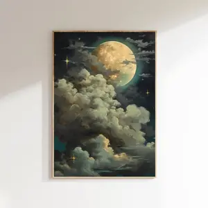Enchanting Celestial Moon Art Print - Vintage-inspired - Dark Academia & Dark Cottagecore - Night Sky Printing - Moon Art Print Unframed, Room Decor