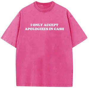 Holafish Acid Washed Shirts Apologizes in Cash Print Oversized Half Short Sleeves Casual Graphic Tee Summer Comfortable Cotton Plus Size Womenswear