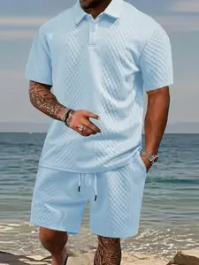 Men's 2-Piece Casual Vacation Clothing Set, Short-Sleeve 3D Geometric Jacquard Polo Shirt, Breathable Knit Drawstring Elastic-Waist Shorts, American Casual Menswear for Beach Vacations, Weekend Leisure