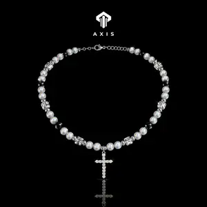 AXIS 8mm Sparkling Stones Beaded Cross Necklace for Men Women, rapper,Unisex Hip Hop Streetwear Statement Piece with Hypoallergenic Titanium Steel Details for Everyday Styles and Night Out, Mixed Material Reflective Pearls and Acrylic Cubes