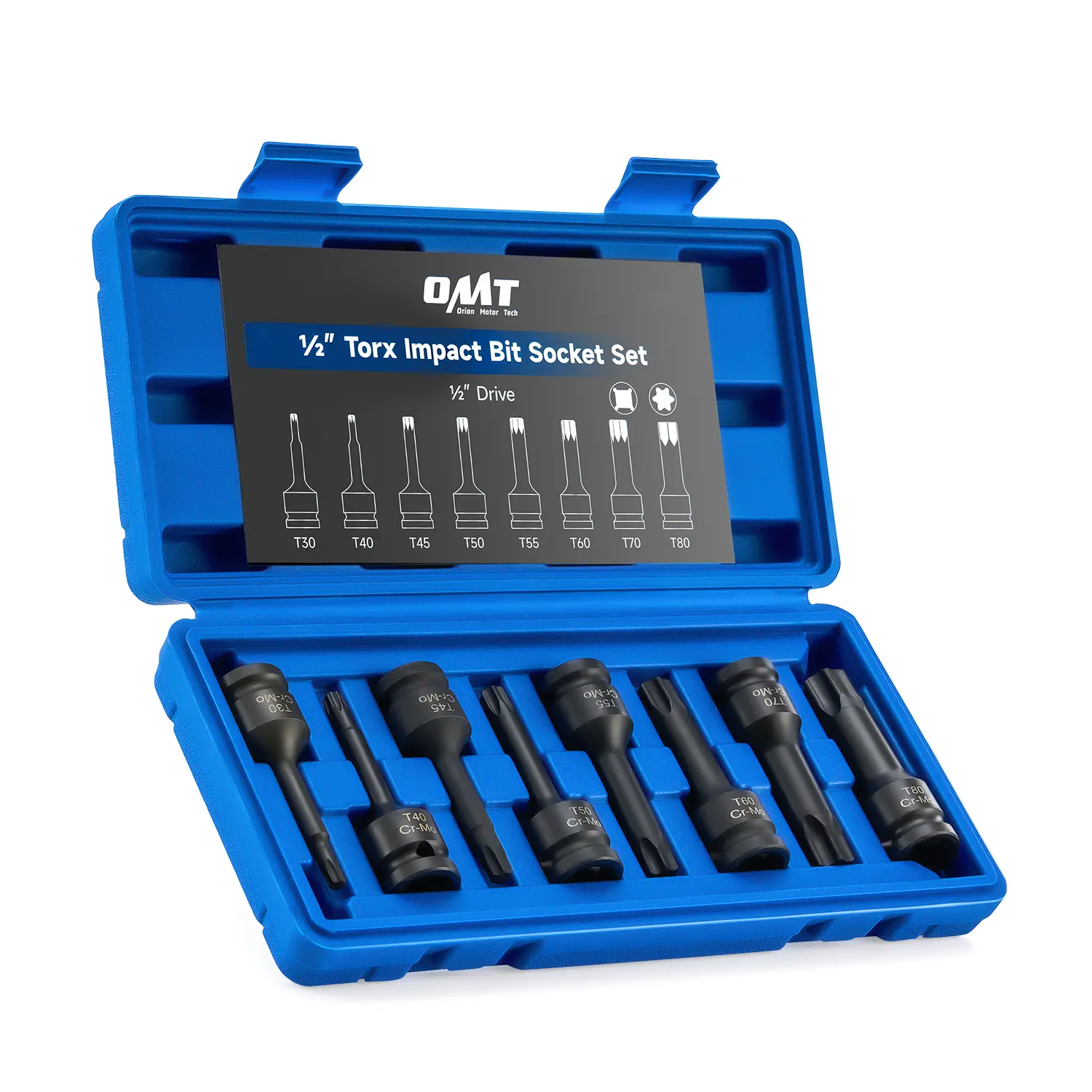 【Live Only】Orion Motor Tech Torx Bit Socket Set, 8pc 1/2" Drive Impact Torx Bit Socket Set T30 T40 T45 T50 T55 T60 T70 & T80 Sockets, Cr-Mo Steel Torx Impact Socket Set for Fastener Replacement with Carry Case