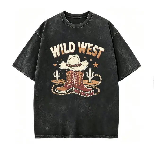 Vintage Washed Streetwear T-Shirt Classic Western Cowboy Boots Hat Wilderness Retro Poster Graphic Print Cotton Crew Neck Daily Short Sleeve Tee