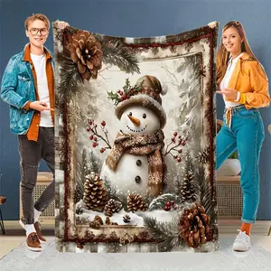 Vintage Snowman Printed Flannel Blanket - All-Season Soft Bedspread with Winter Pine Cones & Holly Berries Design, Cozy Bed Sofa Throw for Christmas Decor, Machine Washable Holiday Bedding in /Brown/ (Contemporary Style)