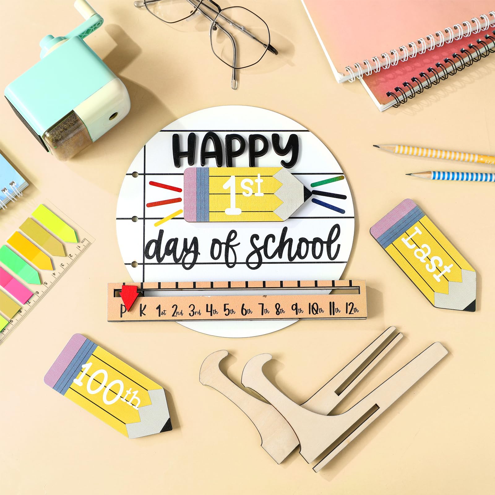 First & Last Day of School Sign Reusable Dry Erase 8" - Back to School Board Gifts Wooden Pencil Style, Cute Pencil Bow Notebook Design for Pre-K Kindergarten Photo Props First Day Last Day Traditions Teachers Parents Essentials Class of 2026