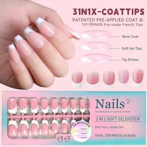 French Tips Press On Nails: 150 Pcs Pink Short Square Press On Nails Fake Nail Tips, Soft Gel Nail False Nails Art DIY Gifts For Women